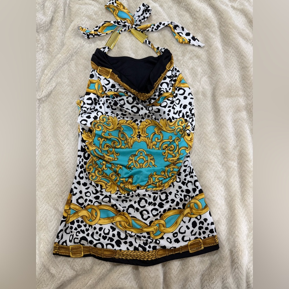 Leopard Print Halter Top with Gold and Teal Accents